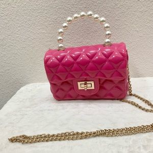 Mini Quilted Jelly Fuchsia Adorable Chain Faux Pearl Over Shoulder/Crossbody